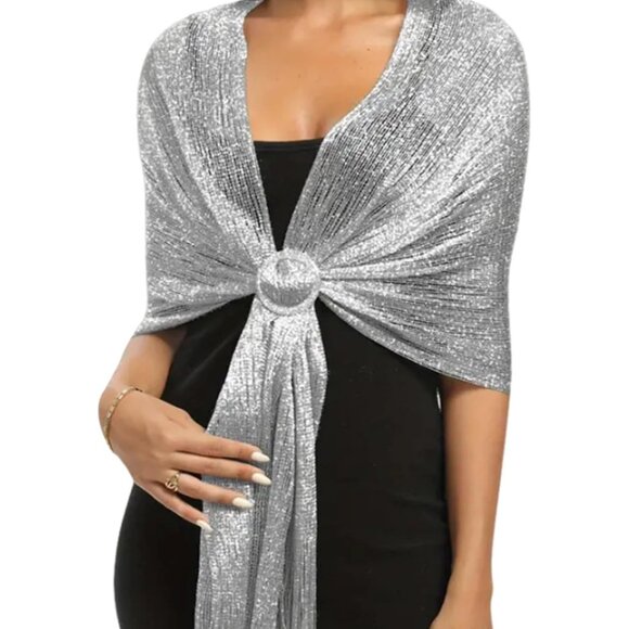 Women's Silver Sparkling Metallic Shawls and Wraps Wedding Party with Buckle - Picture 1 of 5